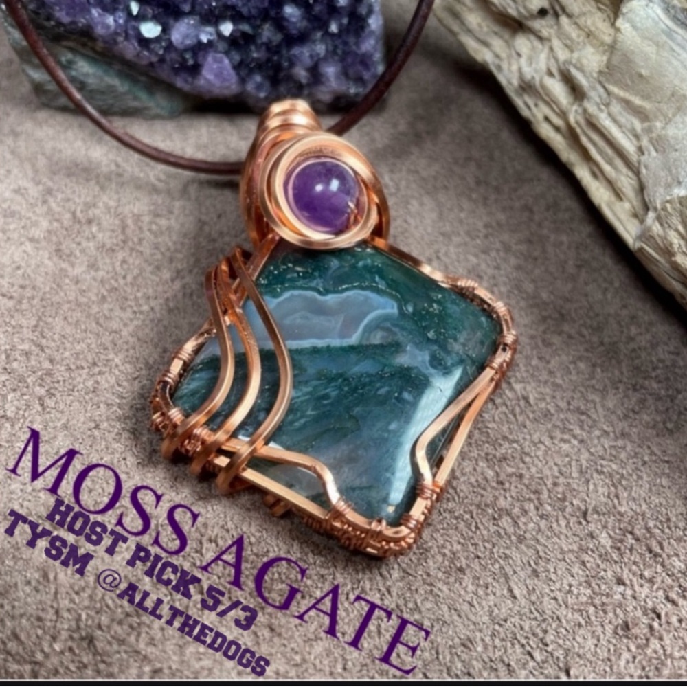 Moss Agate Crystal Pendant With Amethyst Leather Cord Artisan Boho - Picture 5 of 15